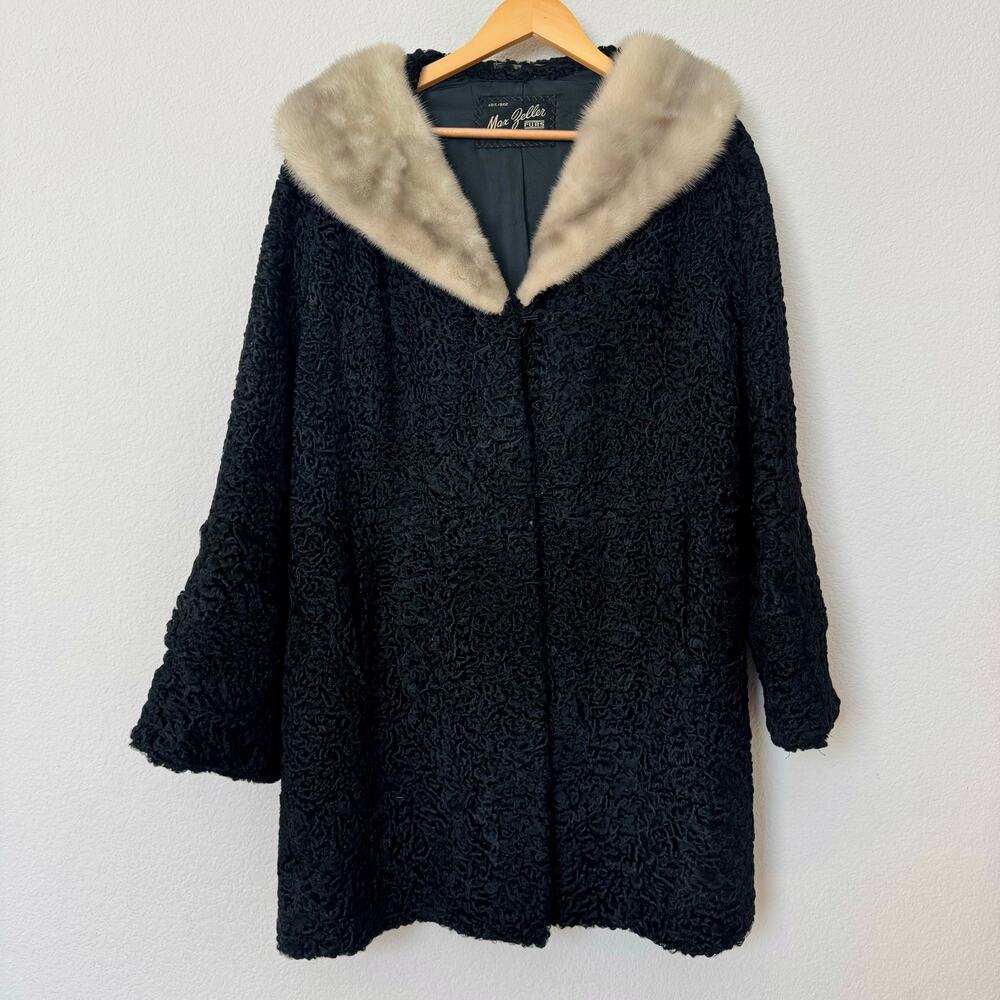 Vintage black curly Persian lamb fur coat genuine fur collar Max Zeller L-XL